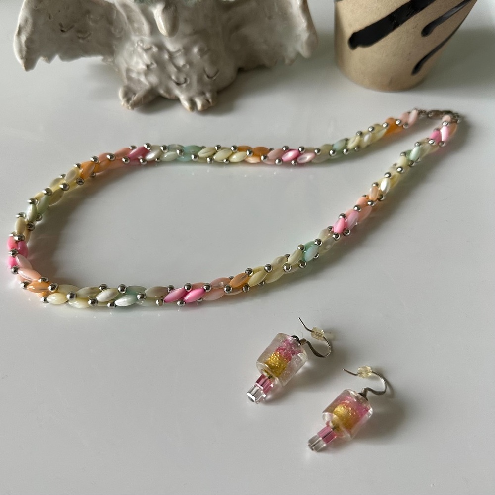 vintage y2k kidcore pastel candy colored faux pearl necklace + matched earrings